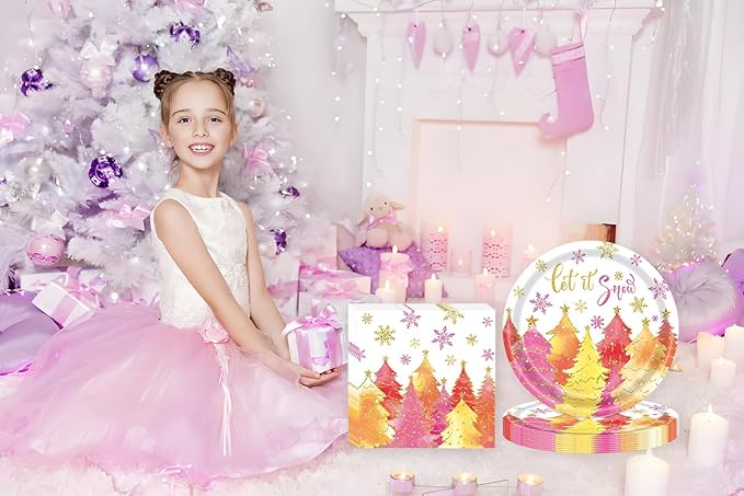 72Pcs Pink Christmas Paper Plates and Napkins Let It Snow Party Plates Gold Pink Xmas Tree Snowflake Party Supplies Tableware Set for Christmas Winter Holiday New Year Decorations