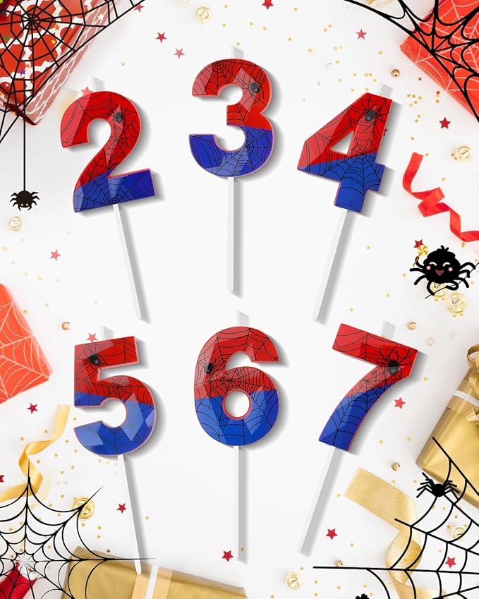 Number 7 Spider Themed Birthday Candle, 2.68 Inch Red Blue Spider Birthday Candles, Number Candles Birthday Cake Toppers Web Candles for Boy Girl Spider Party Decoration Supplies Halloween Party