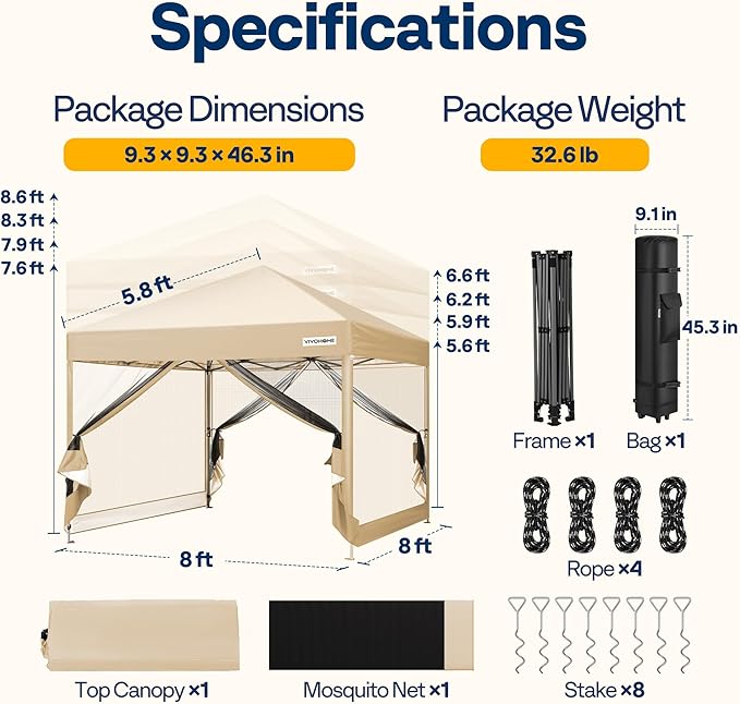VIVOHOME 8x8ft Easy Pop-Up Canopy, Outdoor Screen Tent with Mosquito Netting, 2 Zipper Doors, and Roller Bag for Yard Camping Picnic Party Events, Beige