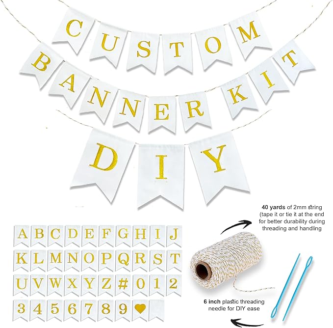 Pre-Printed Banner Kit – 97 White CANVAS Flags with GOLD Letters, Numbers & Symbols, Reusable DIY Custom Banner, Make Your Own Personalized Party Banner, Faux Burlap, Includes Twine & 2 Needles
