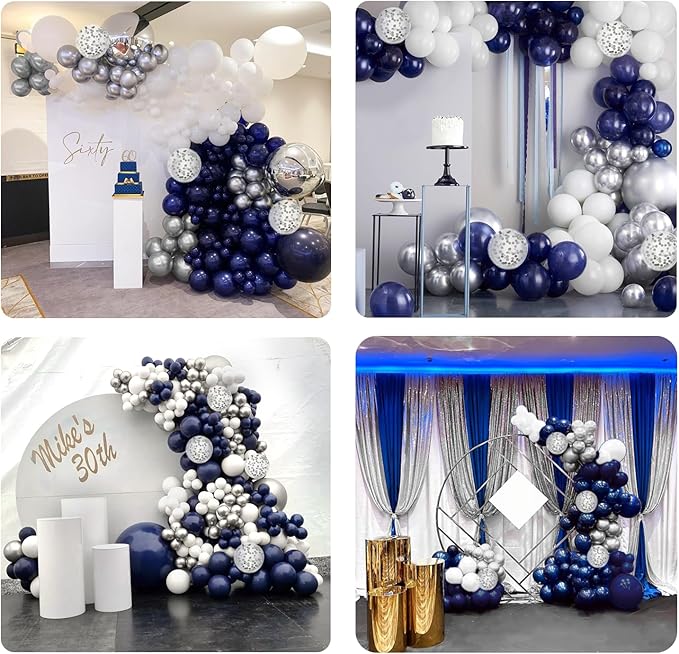 Navy Blue and Silver Balloon Garland Arch Kit, Royal Blue Metallic Silver White Balloons for Birthday Baby Shower Wedding Graduation Party Decorations
