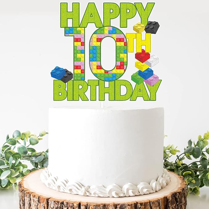 Happy 10th Birthday Building Block Cake Topper - Puzzle Games 10th Birthday Party Green Cake Topper Supplies - Building Block Party Decoration For Adult
