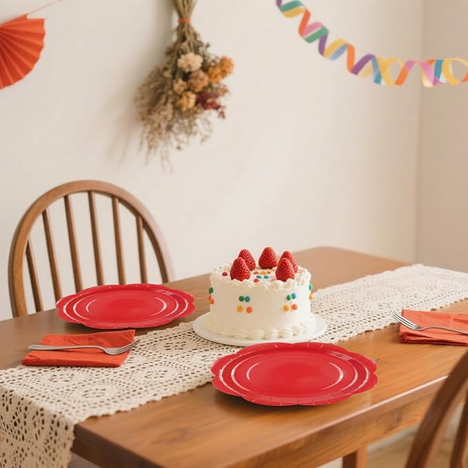 30 Pack Red Paper Plates 9 Inch, Disposable Scalloped Plates Cake Dessert Plate for Dinner Baby Shower Wedding Bridal Shower Birthday Party Supplies (Red, 9 inch)