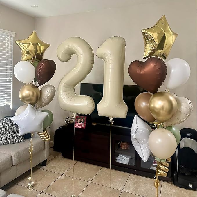40 Inch Beige Number 2 Balloons for 2nd Birthday Decorations Boys Girl, Giant Self-Sealing Cream Foil Number 0-10 White Sand Balloon for Women Men Party Anniversary Baby Shower Supplies