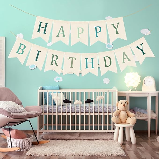 Doumeny Happy Birthday Burlap Banner Boho Birthday Banner Garland Neutral Green Bohemian Party Bunting Flag Colorful Happy Birthday Sign Hanging Garland for Home Fireplace Nursery Party Backdrop Decor