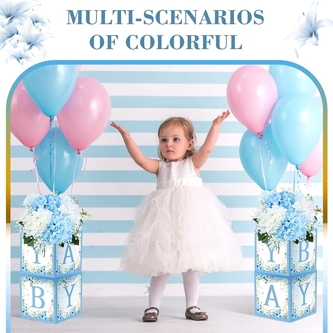 Bucherry 6 Pcs Baby Shower Centerpieces with Letters, 7" Baby Blocks Flower Boxes for Table Decorations, Gender Reveal Party Supplies & Photo Props(Blue,Blue Floral)