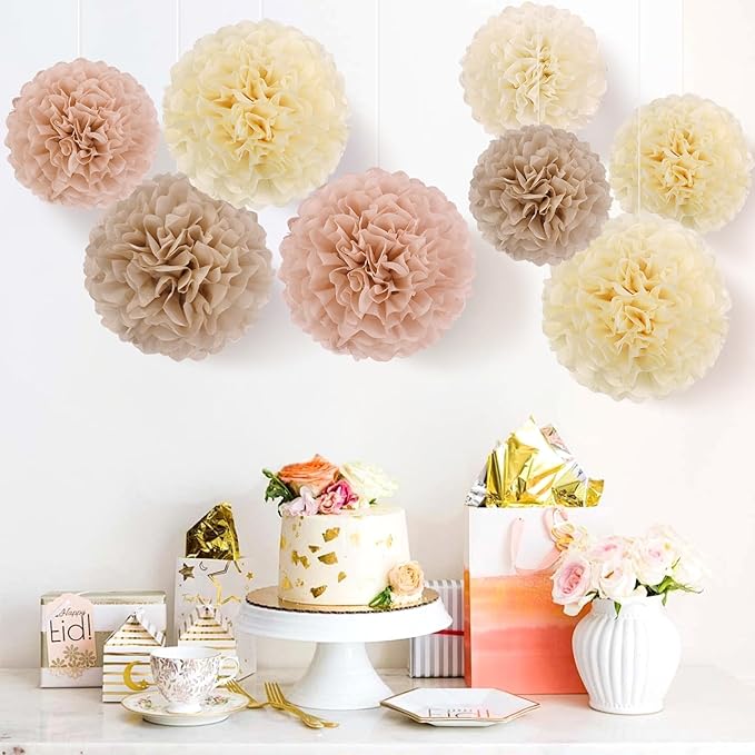 EASY JOY Boho Tissue Paper Pom Poms Tissue Paper Flowers (15PCS) Champagne Brown Dusty Pink Neutral Party Decorations,for Bridal Shower Baby Shower Decorations for Girl, Wedding, Birthday Party