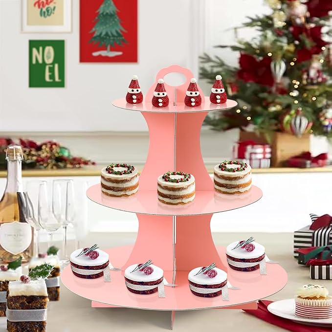 Soleebee 3-Tier Round Cupcake Stand, Cardboard Cupcake Tower, Dessert Cup Cake Stand Tower for Birthday Wedding Party Decoration, Cupcake Tier Stand 2 Set (Pink)