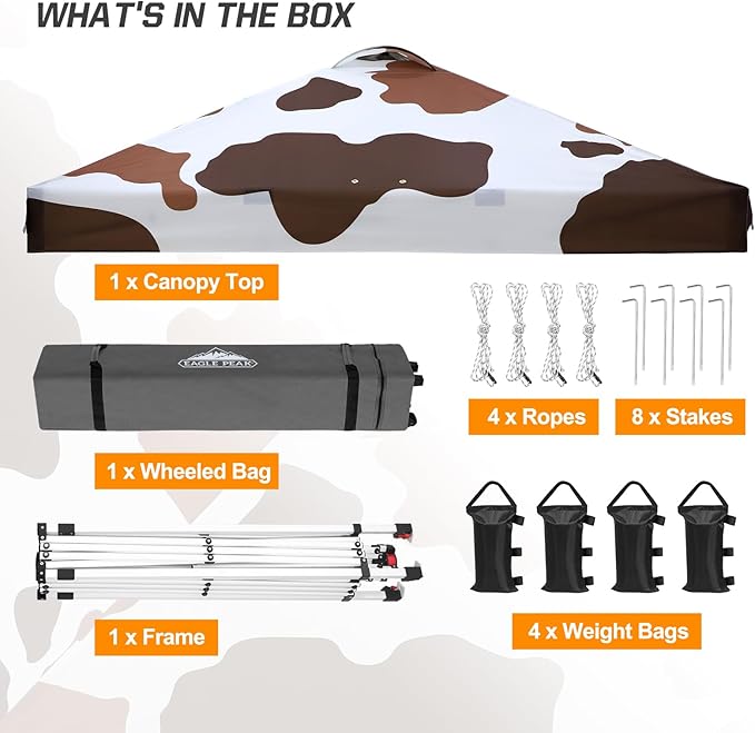 EAGLE PEAK Pop Up Canopy Tent with Wheeled Carry Bag, 8 Stakes, 4 Ropes, 4 Weight Bags, Easy Set Up Tent Canopy, 10x10 ft, 100sqft of Shade, Brown Cow Print