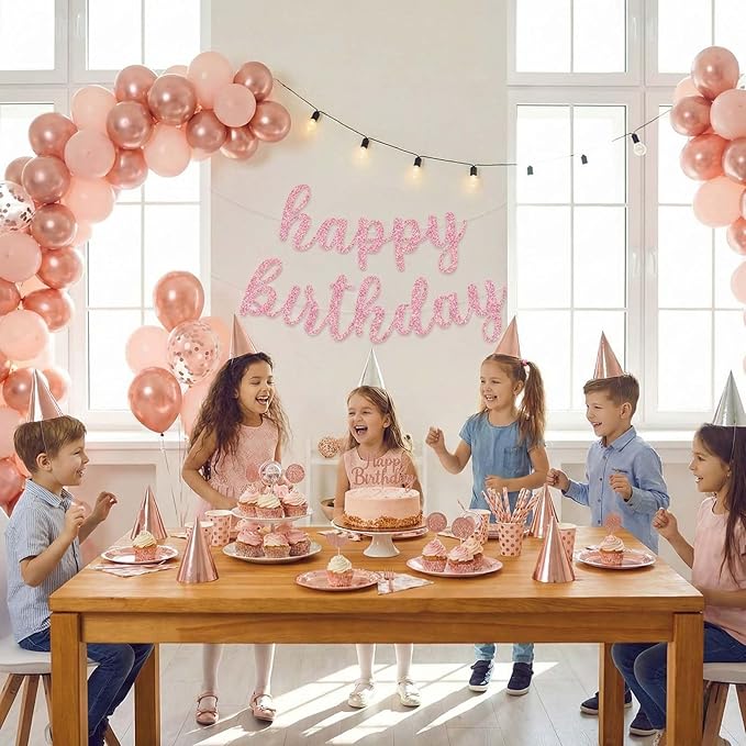 Glitter Happy Birthday Banner Sign, Reusable Birthday Celebration Garland Hanging Decorations, Wall Backdrop Banners DIY Party Supplies for Girls, Women (Rose Gold)