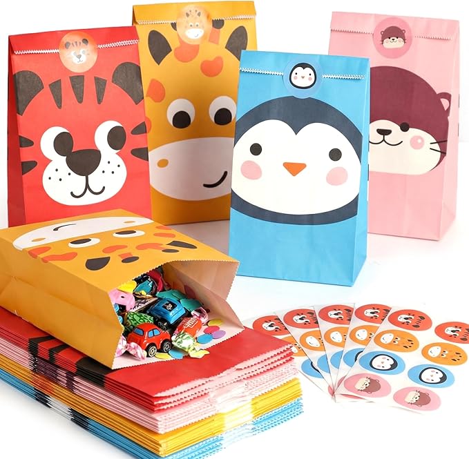 VGOODALL 36 Pack Animal Party Favor Bags with Stickers - 8.7"x4.7"x3.1" Jungle Safari Paper Goodie Bags, 4 Cute Animal Designs for Kids Birthday, Classroom Rewards, Baby Shower & Gift Packaging
