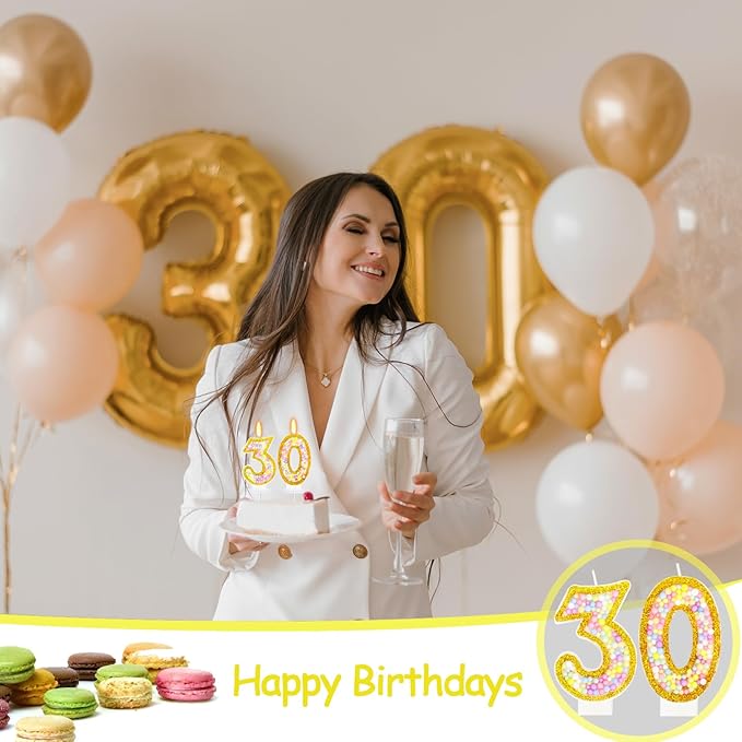 30th Birthday Candle for Cake, Colorful Macaron Numeral Candles for Women/Men, Birthday Party Cake Decorations, Golden Cake Topper for Birthday Party Supplies (Number 30)