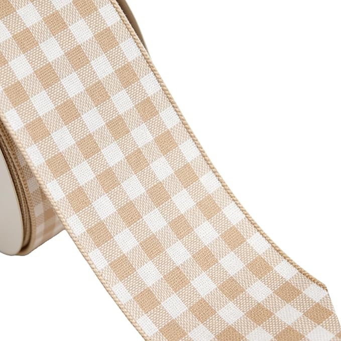 Meseey 10 Yards Tan and White Buffalo Plaid Burlap Ribbon,4 Inch Width Farmhouse Wired Ribbongs for Sewing, Crafting, Decoration, DIY Projects