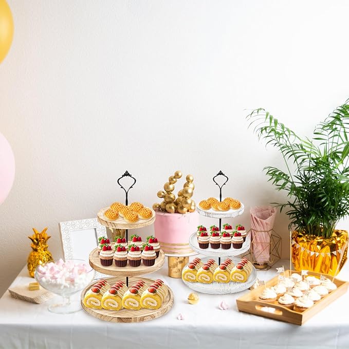 Wooden Cupcake Stand 3 Tiers, Rustic, 50 Cupcakes, Round Tiered Dessert Display, Wedding/Birthday Party, White