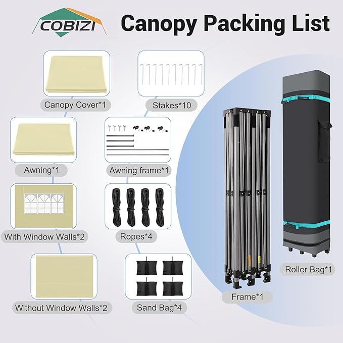 COBIZI 10x20 Pop Up Canopy Tent Heavy Duty with Awning, Outdoor Commercial Canopy with Sidewalls, Waterproof UPF 50+ All Season, Vendor Tent for Market and Party, Khaki