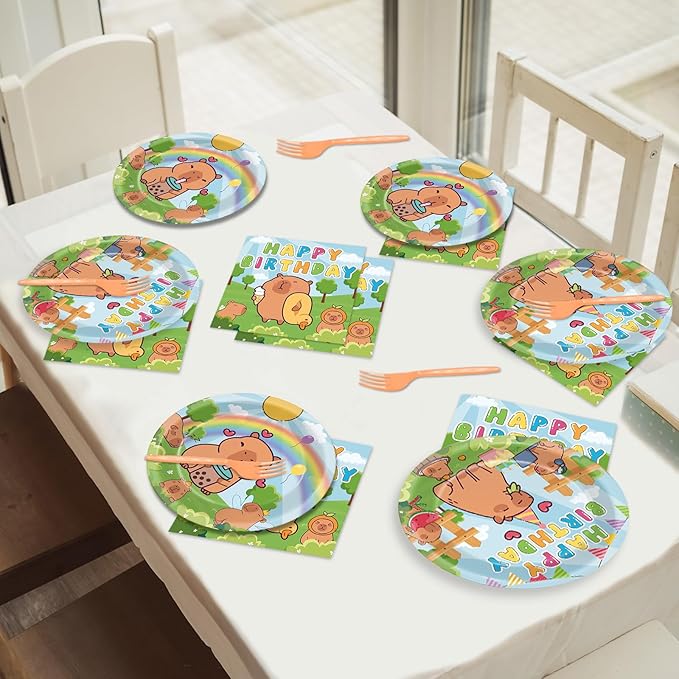 96PCS Capy Themed Bara Birthday Party Supplies Cute Cartoon Capy Paper Plates and Napkins Kapybara Themed Disposable Tableware Animal Dinnerware Decorations Set for Kids Birthday Baby Shower Serves24