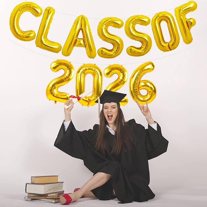 TONIFUL Gold Class of 2026 Graduation Balloon Banners Foil Balloons Decorations 2026 Congrats Grad Balloons for Class of 2026 Congratulation Graduations Party Supplies