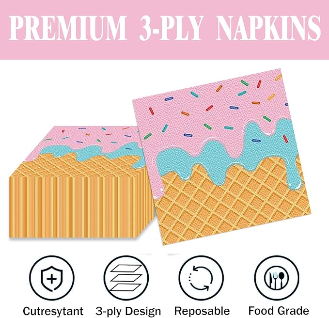 40 Pcs Ice Cream Plates and Napkins Party Supplies,Disposable Ice Cream Paper Plates and Napkins Tableware Set for Birthday Baby Shower Sweet Summer Ice Party Serve 20 Guests