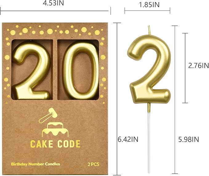 2.76 Inch Classical Gold 20 Number Birthday Candles, Gold Number Candles, Cake Number Candles, Party Celebration