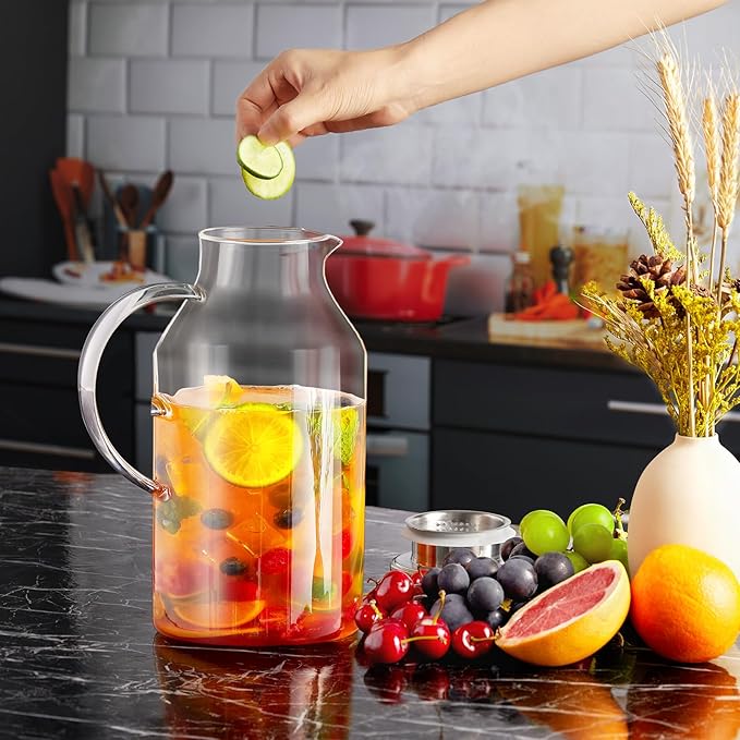 Bivvclaz 3 Liter 101 oz Glass Pitcher with Lid and Handle, Water Pitcher for Fridge, Glass Carafe for Hot/Cold Water, Large Iced Tea Jug for Coffee, Juice and Homemade Beverage