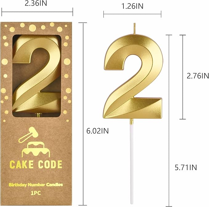 2.76 Inch Diamond Gold 2 Number Birthday Candles, Gold Number Candles, Cake Number Candles, Party Celebration