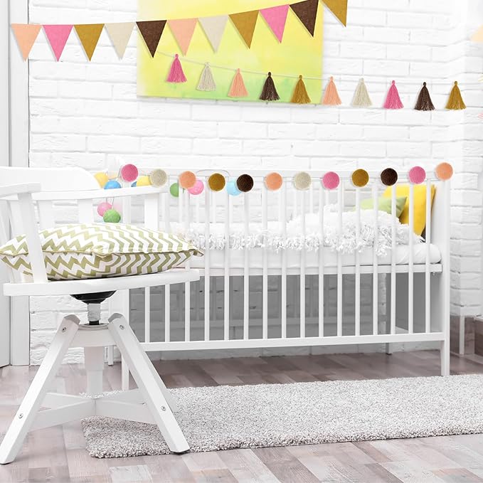 Irenare 9.8 ft Pom Pom Garland Felt Rainbow Garland 2026 Graduation Party Decoration Colorful Pennant Tassel Banner Back to School Birthday Triangle Banner for Classroom School Mantel(Boho Color)
