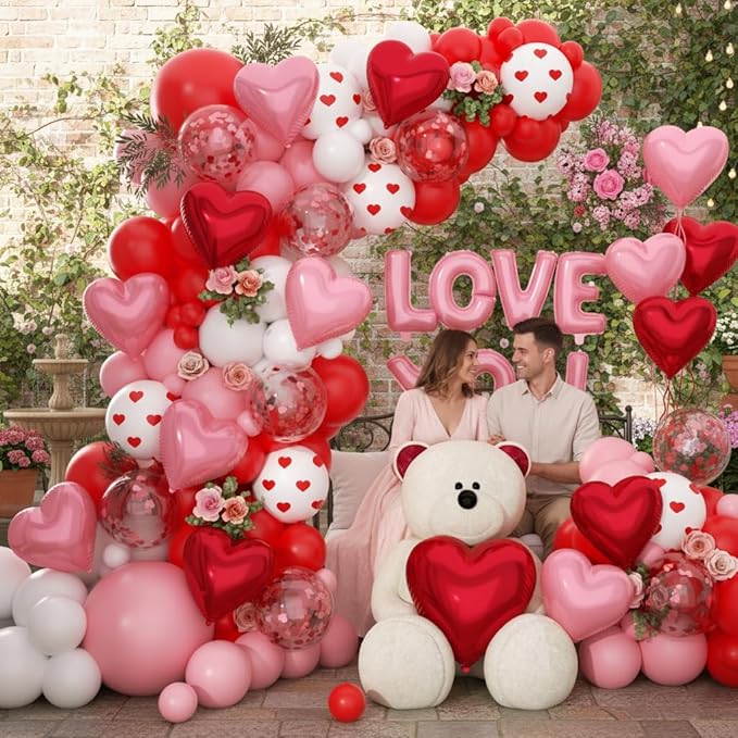 171pcs Valentines Day Balloons Garland Arch Kit, Pink Red White Confetti Heart Balloons Arch for Valentine's Galentine's Day Birthday Wedding Anniversary Engagement Party Decorations