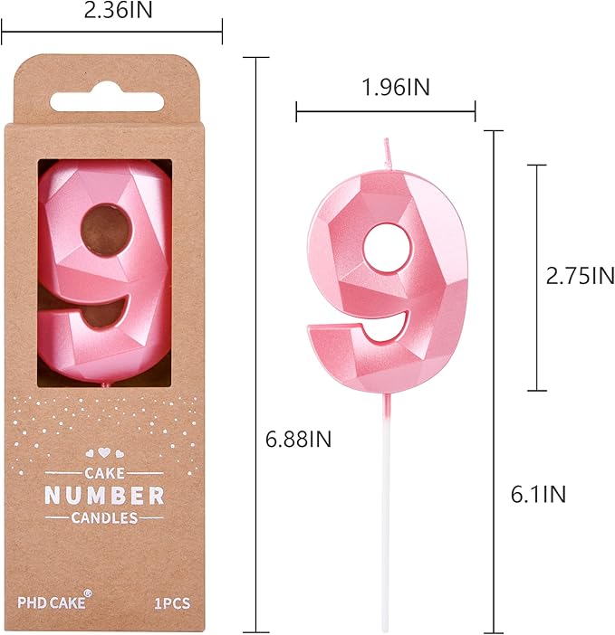 PHD CAKE 2.76 Inch Crystal Pink 9 Number Birthday Candles, Pink Number Candles, Cake Number Candles, Party Celebration