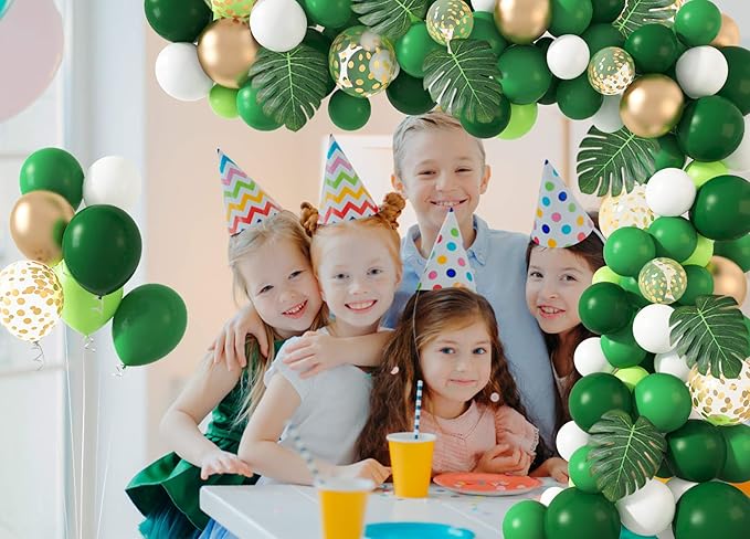 Amandir 163Pcs Jungle Party Balloons Garland Arch Kit, Gold Green Balloons Dinosaur Party Decoration with Palm Leaves for Safari Animal Wild One Birthday Baby Shower St Patricks Day Party Supplies
