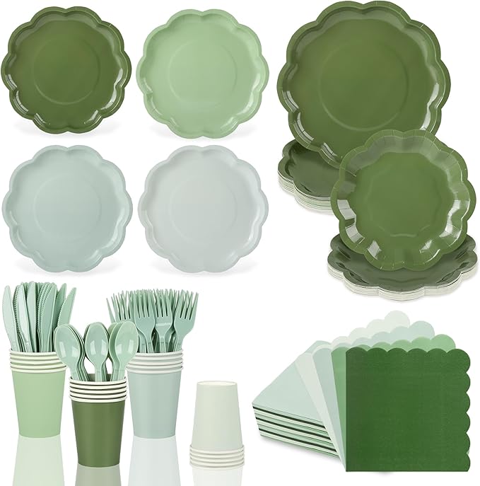 168 Pcs Sage Green Paper Plates and Napkins 24 Guests Gradient Scalloped Disposable Tableware Party Supplies Set for Baby Shower Wedding Birthday Garden Tea Party