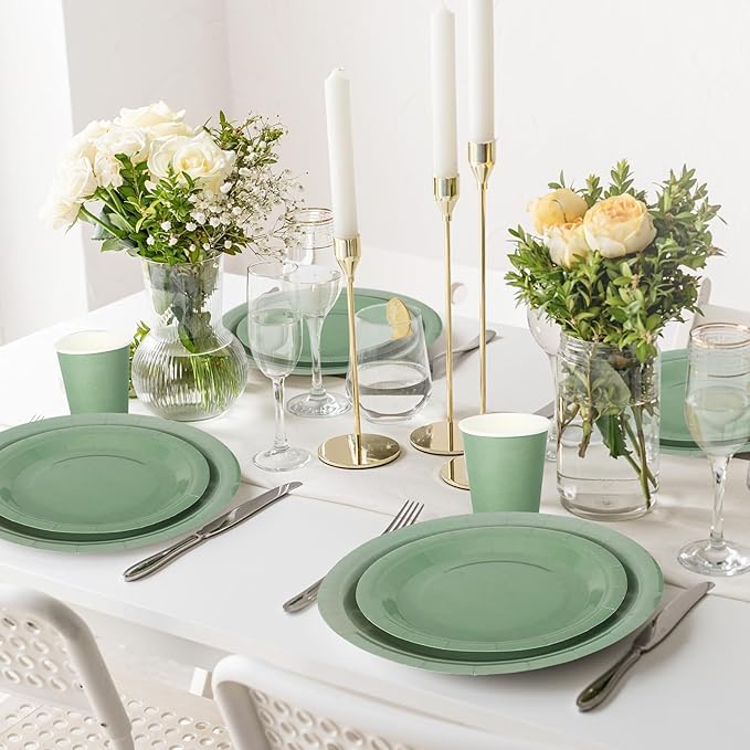Whaline 100Pcs Sage Green Tableware Set Wedding Disposable Dinnerware Set 50 Paper Plates 25 Napkin 25 Cups for Wedding Birthday Bride Baby Shower Party Supplies Table Decorations