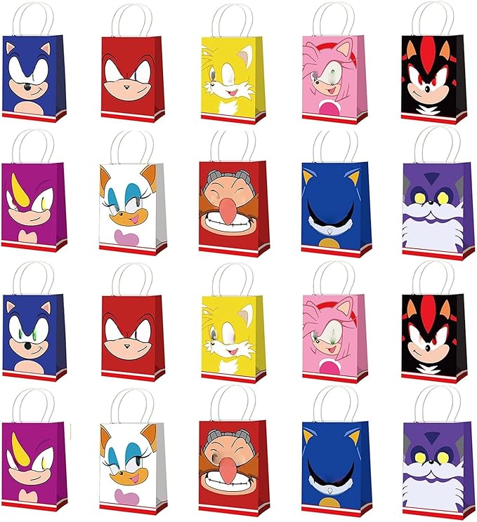 Treayes 20pcs Birthday Decorations Gift Bag,Cute Double Side Paper Goodie Bags with Handle, H-edgeh0g Styles Party Favor Paper Candy