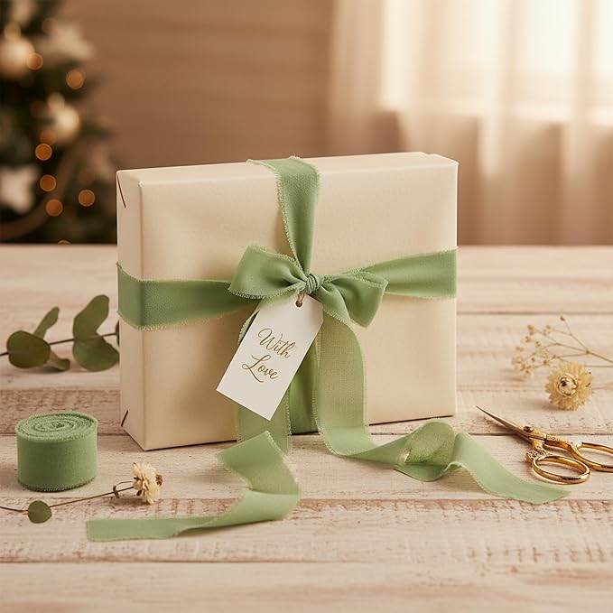 Handmade Chiffon Ribbon 1.5 Inch Wide, 3 Rolls 21 Yards, Frayed Edge Fabric Ribbon for Wedding Bouquets, Invitations & Gift Wrapping (Sage Green)