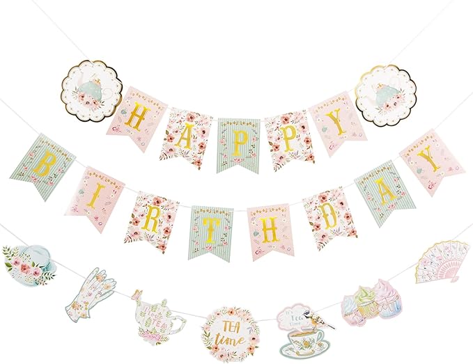 SUNBEAUTY Floral Tea Party Birthday Decorations Tea Happy Birthday Banner Floral Garland Birthday Hanging Banner for Baby Bridal Shower Spring Garden Tea Party Decorations | Pre-Strung