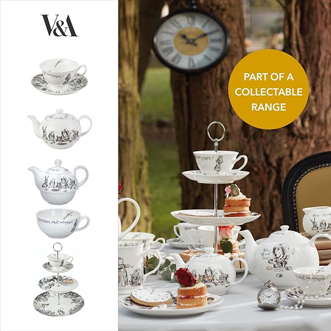 V&A Alice in Wonderland 3 Tier Cake Stand Serving Set, Cake Standing Set, Gift Boxed, White