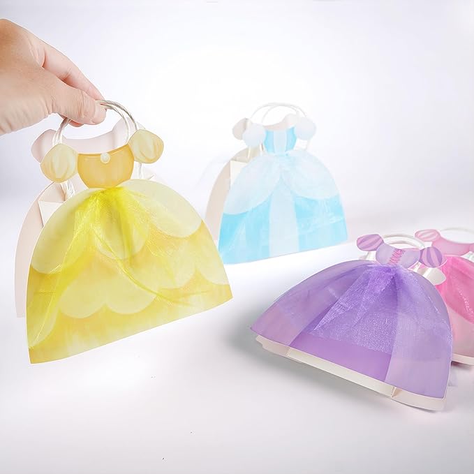Cheerland Princess Party Gift Bags Ball Gown Dress Shaped Goodie Treat Bag Royal Theme Decorations for Baby Shower Gender Reveal Girl Sleepover Princess Themed Birthday Party Favor Supplies 4pcs