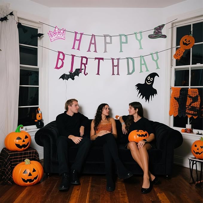 Witch Theme Happy Birthday Banner, Pre-Strung Glitter Wicked Birthday Party Banner, Gradient Pink And Green Party Decorations Witch For Wicked Party Decor Photo Backdrop Props Supplies
