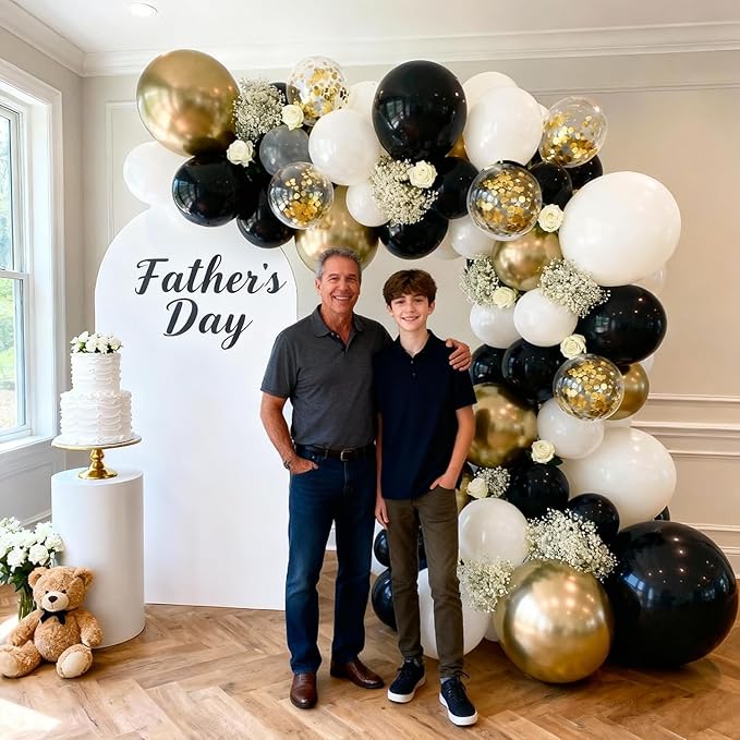 Black Gold White Balloons Arch Kit - 129pcs Double Stuffed Pearl Sand White Black Chrome Gold Confetti Balloon Garland Kit for Birthday Graduation Retirement Father's Day New Year's Party Decorations