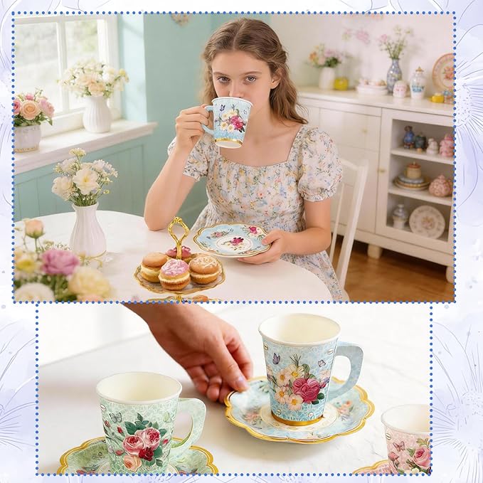 140PCS Spring Tea Party Decorations, Floral Paper Tea Cups & Saucer Set, Disposable Floral Cups With Handle Napkins Plates Knives Forks for Girls Kids Afternoon Tea Birthday, Wedding Party Supplies