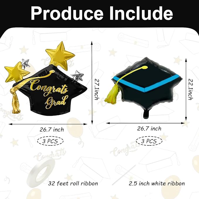 Pensar 6Pcs Graduation Cap Balloons Congrats Grad Hat Foil Balloons for Graduation Decorations, Class of 2026 Party Decor, College High School Grad Party Supplies