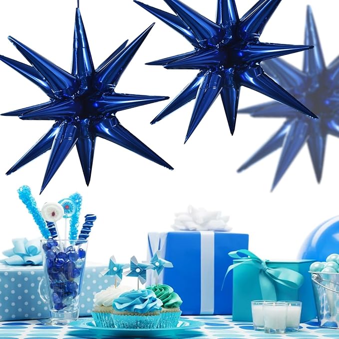 TONIFUL 4 Pcs 22inch 4D Navy Blue Explosion Star Mylar Balloons 14Point Star Balloons for Party Backdrop Christmas,New Year Birthday, Wedding Baby Shower Anniversary Photo Booth Supplies