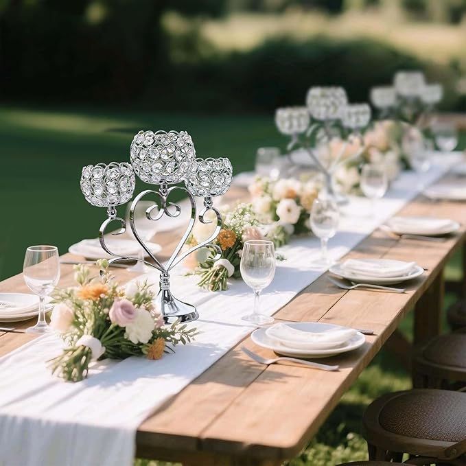 6 Pcs Silver 3-Arm Heart Tea Light Candle Holder - Crystal & Metal Wedding Centerpiece Decor, Sparkling Table Decor for Anniversaries/Romantic Tabletop Home/Dinner Party/Events