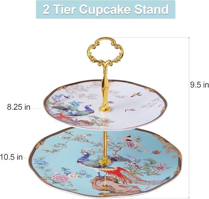 ACMLIFE Afternoon Tea Stand - Porcelain 2-Tier Cake Stand with Vintage Floral Design in Blue Bone China for Tea Parties and Dessert Displays