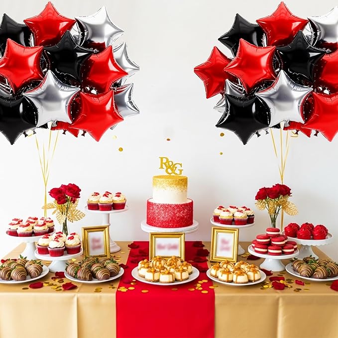 TONIFUL 15Pcs 18 Inch Large Silver Red Black Star Shape Foil Balloons Big Stars Helium Mylar Ballons for Birthday Wedding Bridal Shower Anniversary Engagement Party Decorations Supplies