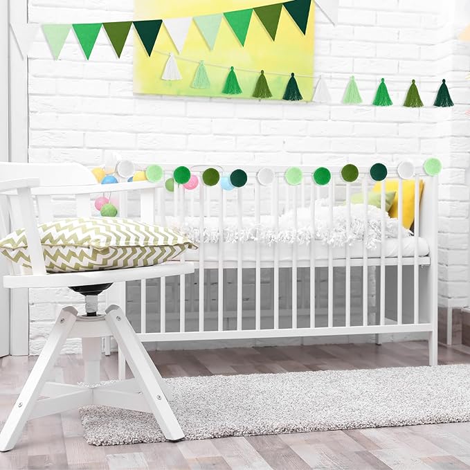 Irenare 9.8 ft Pom Pom Garland Felt Rainbow Garland 2026 Graduation Party Decoration Colorful Pennant Tassel Banner Back to School Birthday Triangle Banner for Classroom School Mantel(Gradient Green)