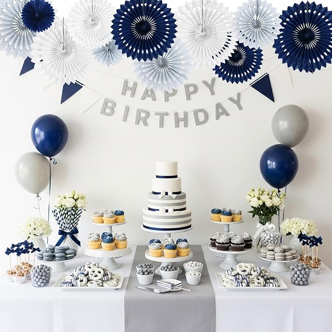 BEISHIDA Blue Gray White Tissue Hanging Honeycomb Round Paper Fans Decoration Set for Graduation Men Boy Birthday Navy Wedding Backdrop Fathers Day Baby Shower Party Supplies(11 Packs)