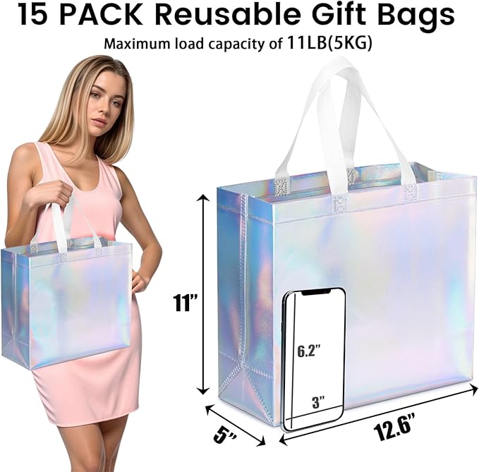 VGOODALL 15 PCS Reusable Gift Bags, 12.6" x 5" x 11" Iridescent Gift Bags, with Handles & Sturdy Base, for Wedding Party Supplies