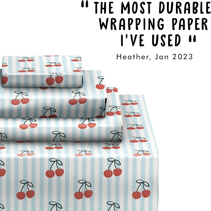 CENTRAL 23 Blue Wrapping Paper - 6 Sheets Cherry Gift Wrap for Women or Friends - Birthday Christmas Wedding Summer Theme - Red Cherries Stripe - Recyclable - Comes with Tags