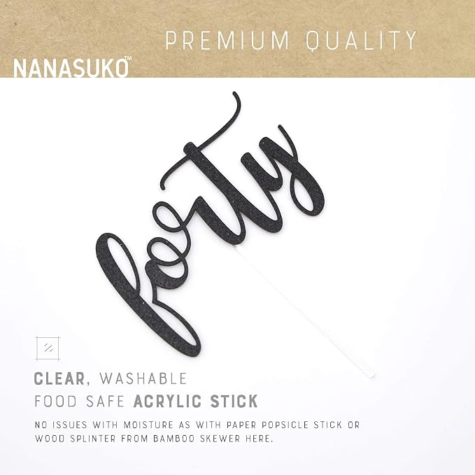 40th Birthday Cake Topper - forty - Double Sided Black glitter - Premium quality Made in USA