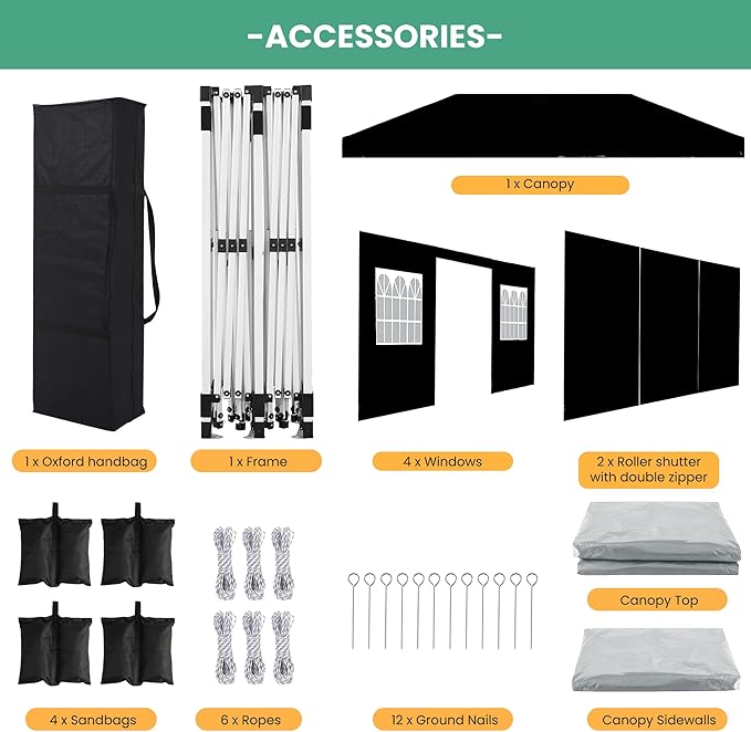10x20 Pop Up Canopy Party Tent with 6 Sidewalls, Outdoor Wedding Party Tent Waterproof UV50 Commercial Canopy Event Shelter Gazebo Tents for Parties, 6 pcs Weight Bag,Carry Bag,Black